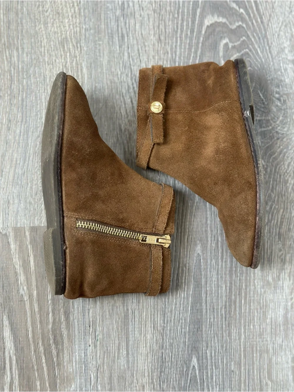 Janie and Jack Chestnut Suede Ankle Booties with Gold Accent